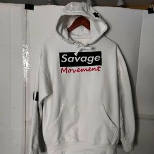 Savage Movement White Graphic Hoodie SZ Large Thick Cozy Streetwear Unisex Chic